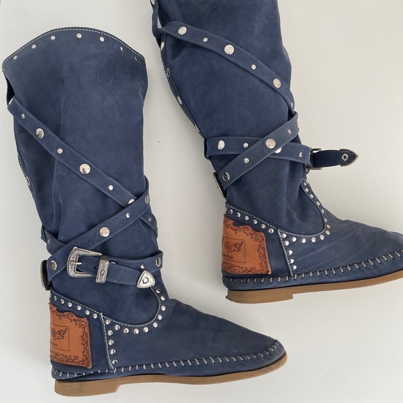 karma of charm Shoes - Karma of Charme blue belted chain boots. Festival ready.